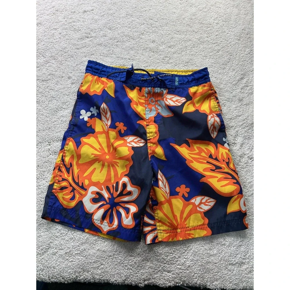 Sand N Sun Swim Shorts Boys Medium 10/12 Blue‎ Orange Floral Hawaiian Beach Pool